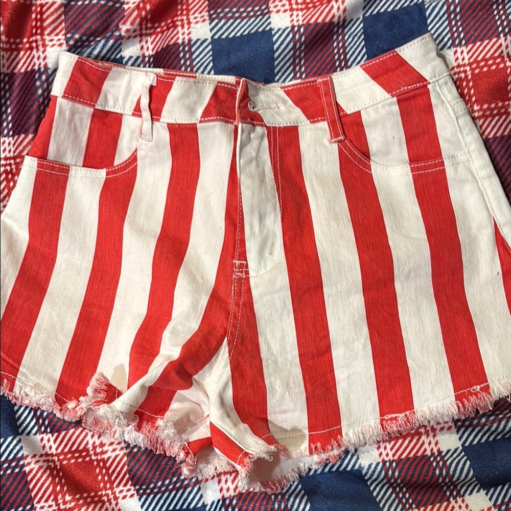Vibrant Red and White Jean Shorts with Patriotic Stripes